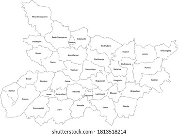 Bihar Districts Map With Name Labels. Northeast Indian State. White Background.