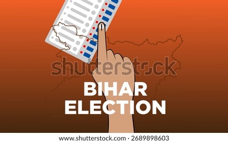 Bihar Legislative Assembly election, Bihar map outline with voter hand and EVM machine, vector election banner and poster.