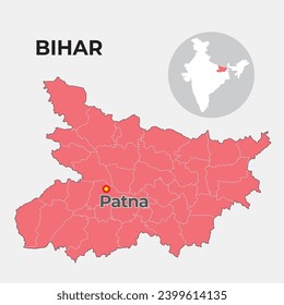 Bihar locator map showing District and its capital 