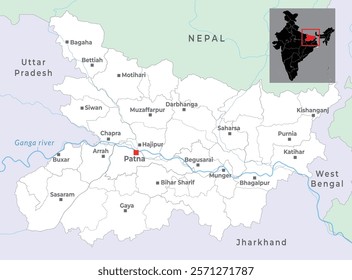 Bihar map showcasing its geography, borders, districts, major cities, towns, and capital Patna