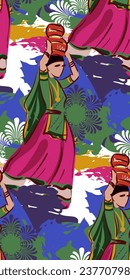 Bihar state India ethnic indian seamless pattern woman girl dance traditional sketch isolated decorative 