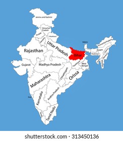 Bihar state, India, vector map silhouette illustration isolated on India map. Editable blank vector map of India.