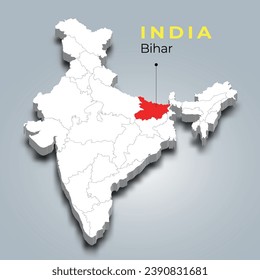 Bihar state map location in Indian 3d isometric map. Bihar map vector illustration