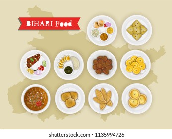 Bihari food set with state map and top view illustration of traditional dishes.