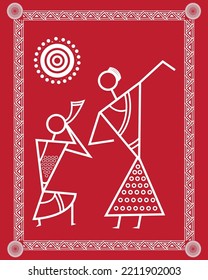 Dibujo de Bihu en Warli Painting, danza india Bihu Warli arte, ilustración, vector, papel tapiz.