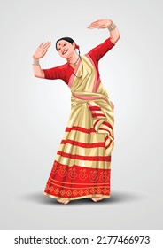 Bihu Indian Traditional dress of Assam with cultural bihu dance by Assamese girl. vector illustration