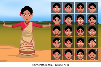 Bihu Indian Woman Cartoon Emotion faces Vector Illustration-01