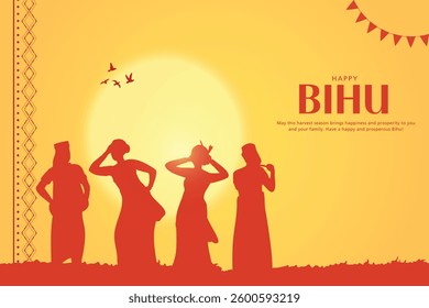 Bihu, the religious Indian Assamese New Year festival. Bihu dancing people silhouette with Happy Bihu typography.
