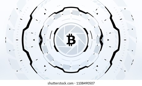 Biitcoin cryprocurrency futuristic black and white vector illustration for background, HUD, graphic user interface, banner, business and finance infographics. Worldwide digital money blockchain system