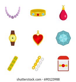 Bijou icon set. Flat style set of 9 jewelry vector icons for web isolated on white background