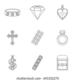 Bijou icon set. Outline style set of 9 jewelry vector icons for web isolated on white background