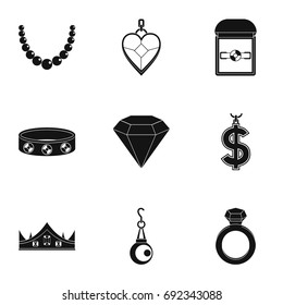 Bijou icon set. Simple style set of 9 jewelry vector icons for web isolated on white background