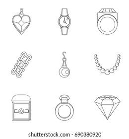 Bijouterie icon set. Outline style set of 9 jewelry vector icons for web isolated on white background