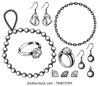 Bijouterie set vector ink hand drawn illustration isolated on white background. Ring, necklace, earrings, pendant, bracelet doodle jewelry collection.