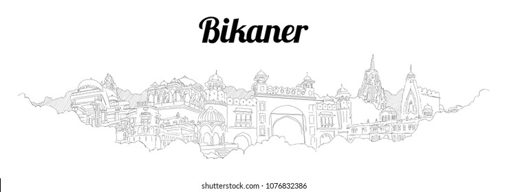 BIKANER CITY city vector panoramic hand drawing illustration