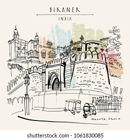 Bikaner, Rajasthan, India. Junagarh fort. Street view.Auto rickshaws parking. Travel sketch, artistic drawing. Vintage hand drawn touristic postcard or poster. Vector illustration