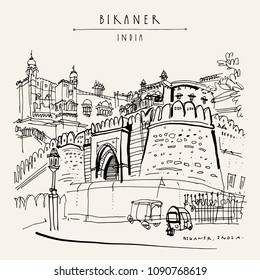 Bikaner, Rajasthan, India. Junagarh fort. Street view.Auto rickshaws parking. Travel sketch, artistic drawing. Vintage hand drawn touristic postcard or poster. Vector illustration