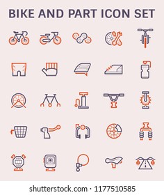 Bike accessory vector icon. Safety equipment and cloth i.e. helmet, glove, shoe. Part i.e. chain, wheel, frame, gear, disc brake, shock absorber. Sport vehicle for cyclist to ride, exercise, travel.