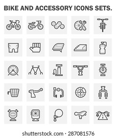 Bike accessory vector icon. Safety equipment and cloth i.e. helmet, glove, shoe. Part i.e. chain, wheel, frame, gear, disc brake, shock absorber. Sport vehicle for cyclist to ride, exercise, travel.