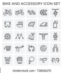 Bike accessory vector icon. Safety equipment and cloth i.e. helmet, glove, shoe. Part i.e. chain, wheel, frame, gear, disc brake, shock absorber. Sport vehicle for cyclist to ride, exercise, travel.