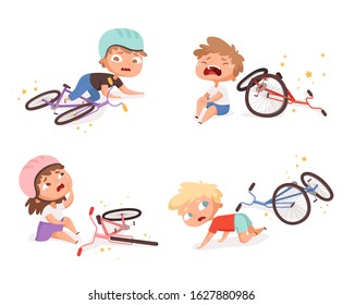 Bike accident. Kids fallen damaged bicycle broken transport children accidents helping person vector characters