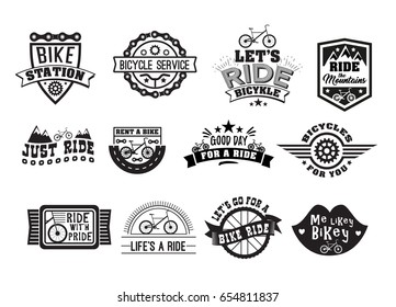 Bike badge vintage set. Sports logo sticker for print on t-shirt, retro monochrome design, shop for bicycle gear, parts and accessories. Vector flat style illustration isolated on white background