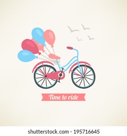 Bike with balloon. Vintage greeting card