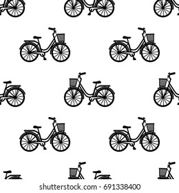 Bike with basket black and white seamless pattern. Wallpaper with woman romantic transport.