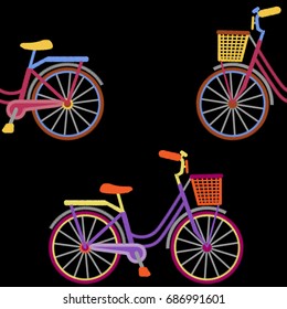 Bike with basket embroidery seamless pattern. Woman romantic needlework, textile print, patch on black background.