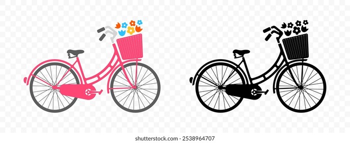 Bicicleta com cesta e flores, design gráfico. Bicicleta, ciclista e velocipede, design vetorial e ilustração