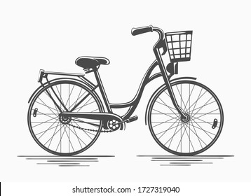 Bike with basket. Hand drawn retro vector bicycle with shopping basket for vintage posters, lady biking velocipede old style black silhouette sketch illustration on white