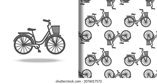 Bike with Basket icon and seamless pattern set