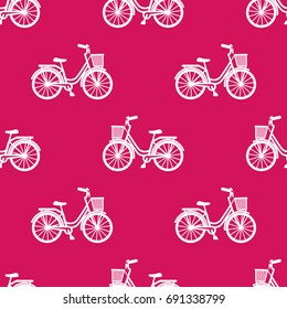 Bike with basket pink and white seamless pattern. Wallpaper with woman romantic transport.