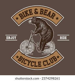 Bike and Bear Hand Drawn Vector Illustration in Patch Design Style Bicycle Club