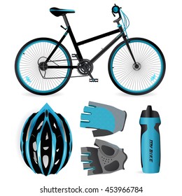 Bike or Bicycle accessories. Helmet, gloves and water bottle.