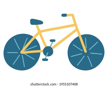 Bike. Bicycle for adults and children with wheels and a rack and pedals. Vector illustration in flat. Isolated sport element on a white background. Means of transport. Yellow and blue.