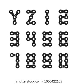 Bike or Bicycle Chain Monochrome Vector Font. Bike Chain Letter Set. Letters Y and Z and Numerals from 0 to 9.