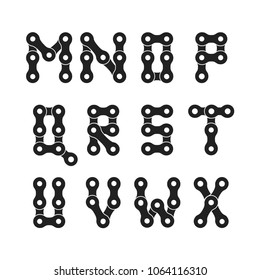 Bike Or Bicycle Chain Monochrome Vector Font. Bike Chain Letter Set. Letters From M To X.