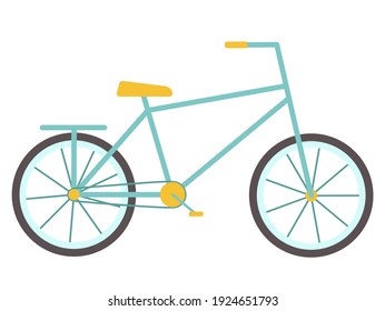 Bike. Bicycle for children and adults with two wheels and a rack and pedals. Isolated object, element on a white background. Vector illustration in a flat style. Means of transport. Yellow and blue.