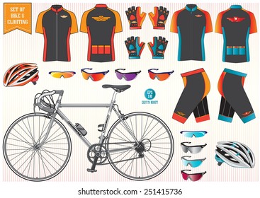 Bike or Bicycle clothing and equipment (bike, helmet, clothing, sun glass)  illustration, easy to modify