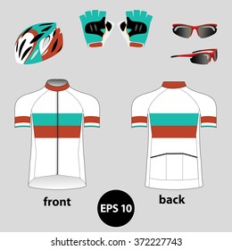 Bike or Bicycle clothing set. (Cycling Clothing, helmet, gloves, sunglasses). vector illustration