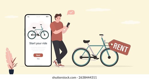 Bike, bicycle for rent, male customer uses mobile phone for renting and payment eco friendly transport. App for renting bicycle. Online service, modern technologies. flat vector illustration