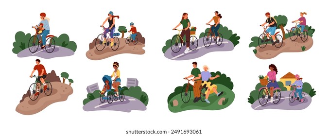 Bike. Bicycle ride family. Road cyclist children with parents. People sport vacation, happy child, kid activity. Group person, father with baby, female and male characters. Vector tidy illustration