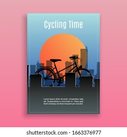 Bike and bicycle sport in city time, traveling and sportive life vector illustration. Eco bike transport and healthy lifestyle poster for bicycles shop.