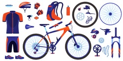 Bike Bicycle Vector Illustration Set. Cartoon Flat Cycle Parts Infographic Elements Collection Of Cyclist Gear, Sportswear For Biker, Track Accessories For Extreme Sport Training Isolated On White