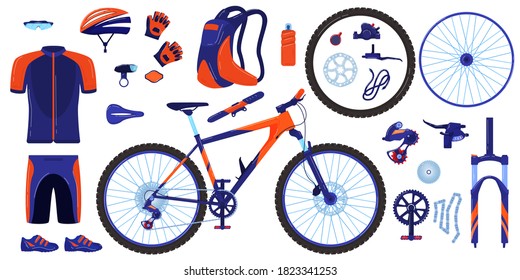 Bike bicycle vector illustration set. Cartoon flat cycle parts infographic elements collection of cyclist gear, sportswear for biker, track accessories for extreme sport training isolated on white