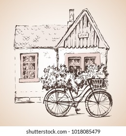 Bike with big bunch of flowers. Sketch. Isolated on white background.