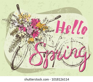Bike with big bunch of flowers. Sketch. Isolated on white background.