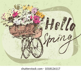 Bike with big bunch of flowers. Sketch. Isolated on white background.