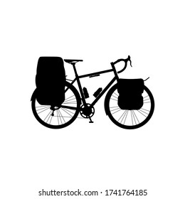 Bike with bikepacking bags and tent in case. Touring bicycle with bikepacking gear black silhouette on white background.